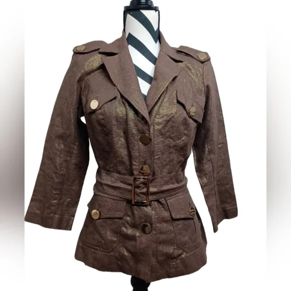 NWT Cache Mob Wife Sz S Metallic Gold Button Front Belted Linen Blend Jacketed. - Picture 3 of 16